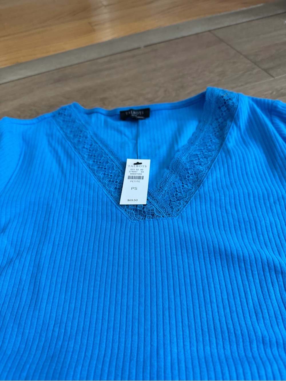 Talbots Petite Ribbed V-Neck Lace Trim Top - Bright Blue